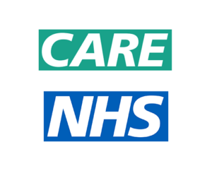 NHS logo white text in blue block - care logo - white text in green block