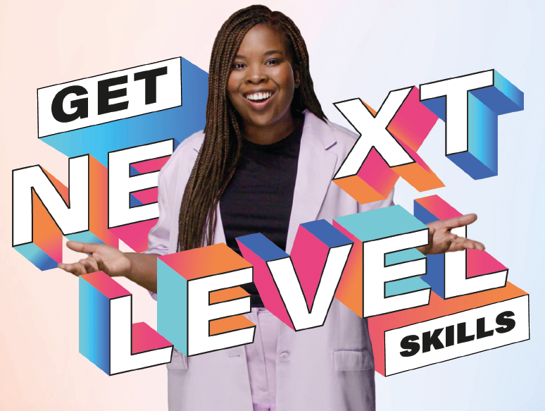 Black female pictured amongst text - get next level skills in 3D and multicoloured