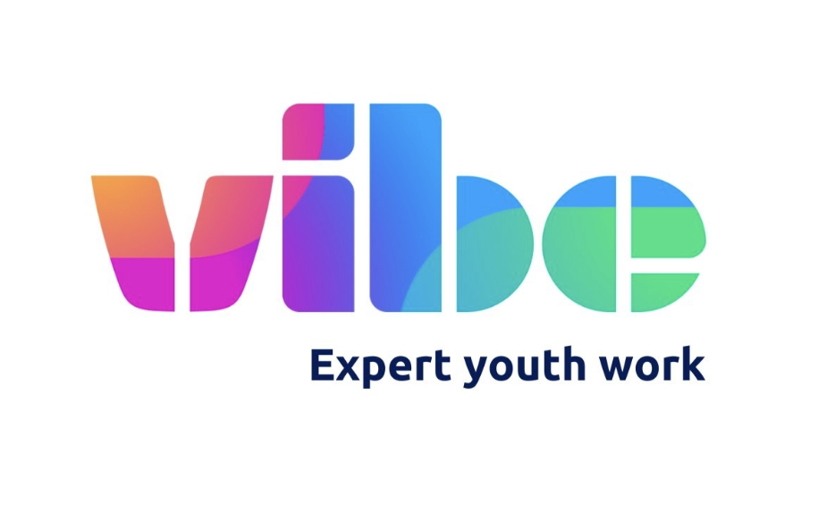 Vibe logo - multi coloured text on white background