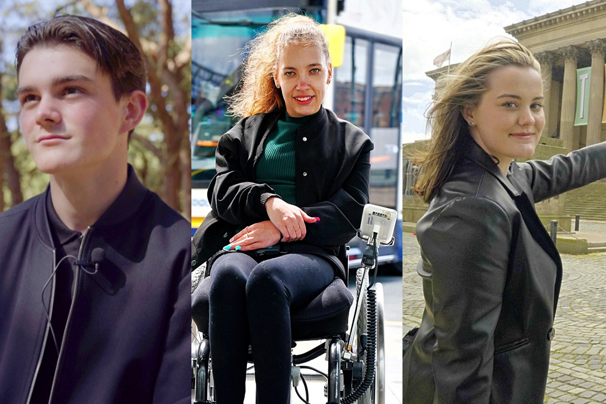 Young male, young female in wheelchair and long female in front of liverpool landmark