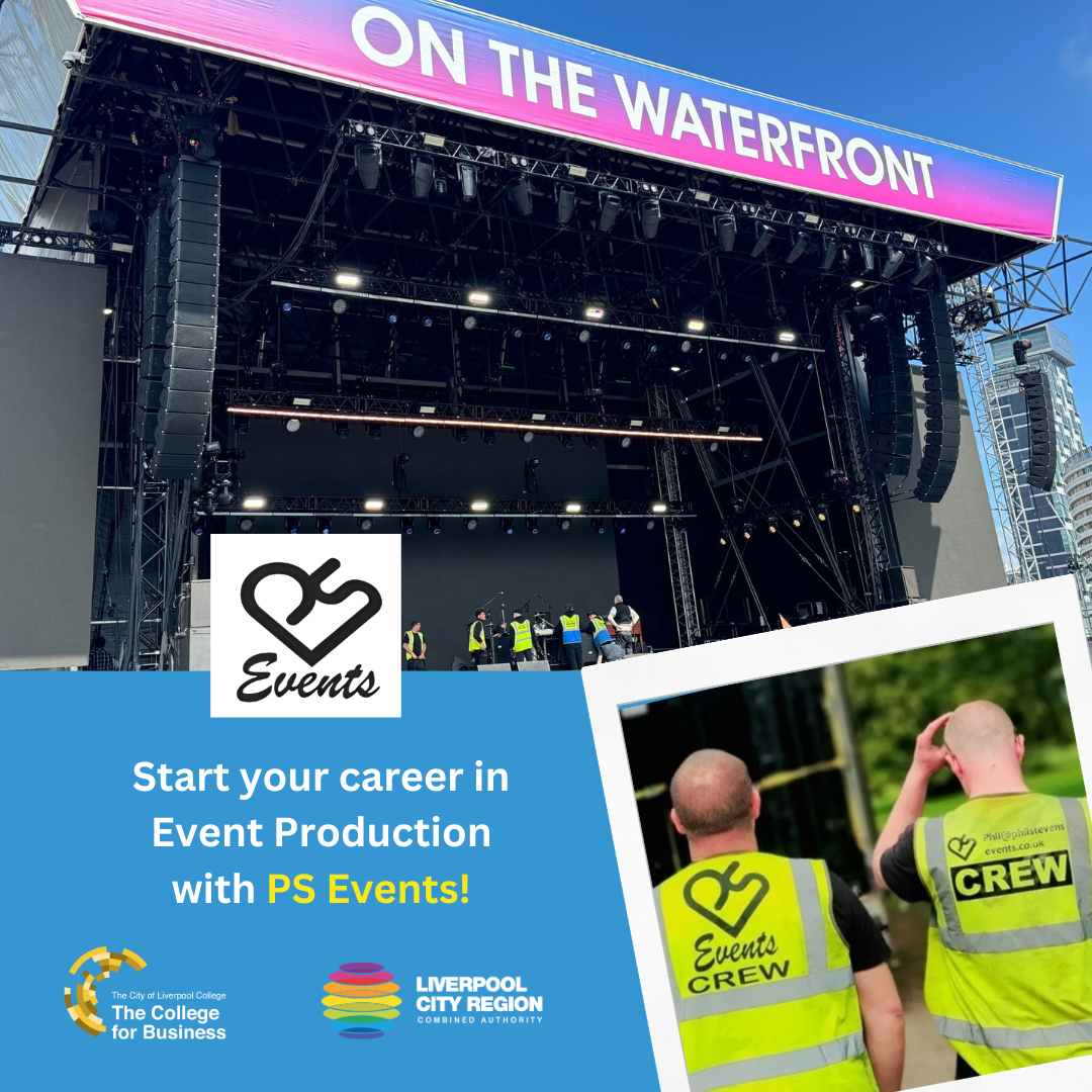 Image of stage rigging as well as two men in hi-vis vests