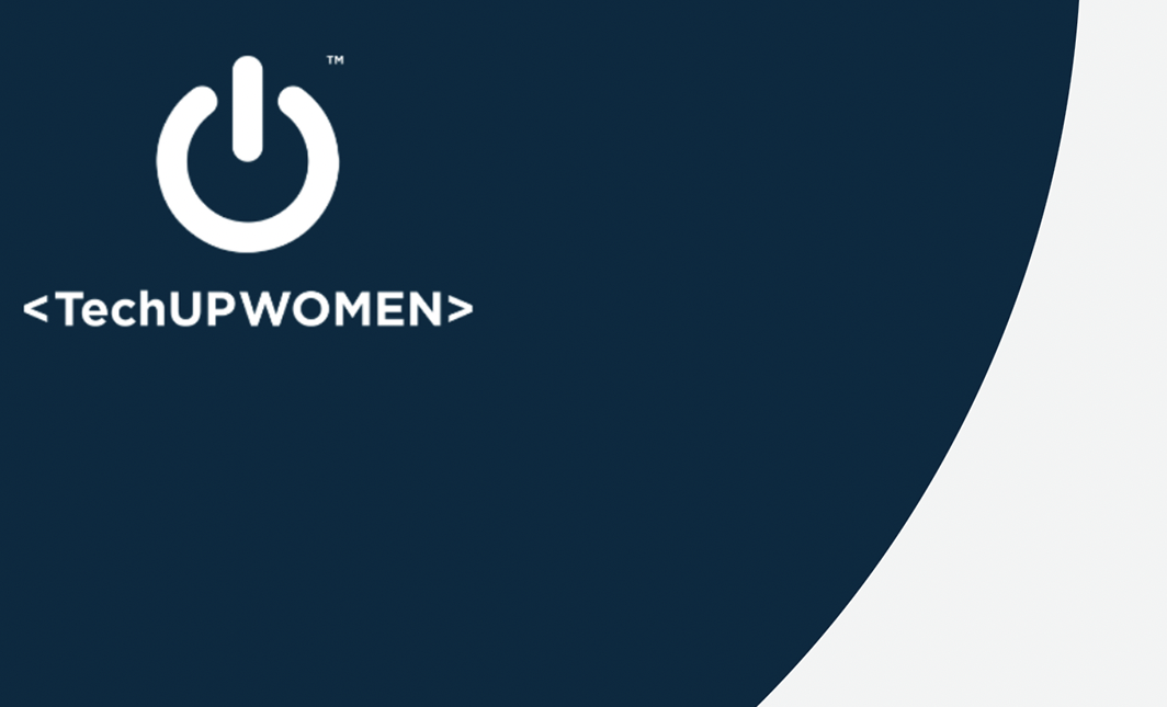 DARK BLUE SEMI CIRCLE ON WHITE BACKGROUND FEATURING TECH UP WOMEN TEXT