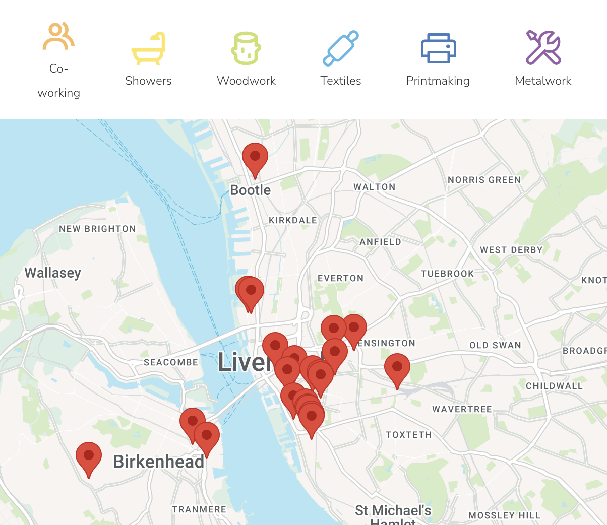 Map of the Liverpool City Region showing pins where maker spaces are located