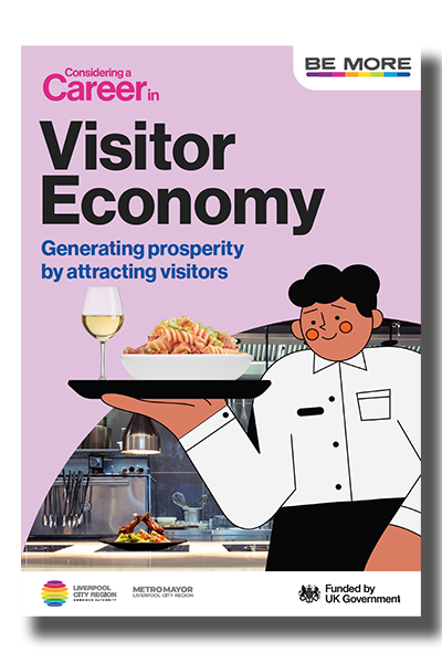 Career guide cover featuring illustration of male waiter