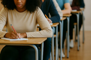 Young female student sat at desk
