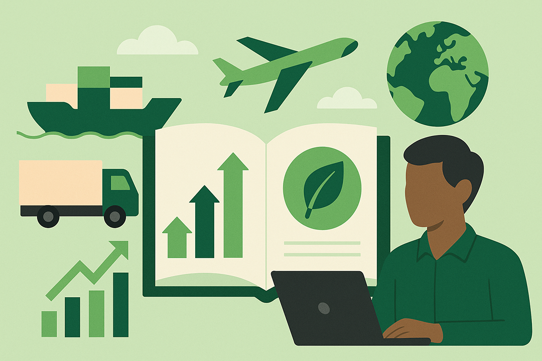 Image of illustration of male working at laptop with freight forwarding icons