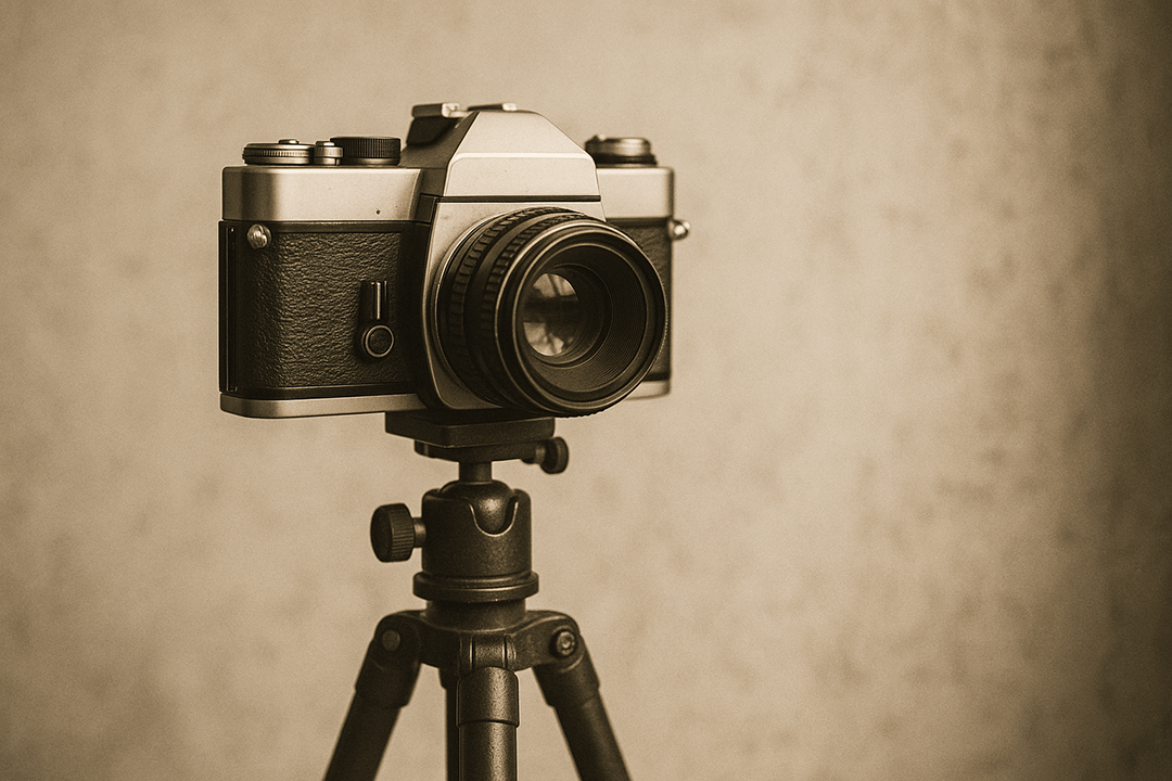Sepia image of SLR camera on a tripod