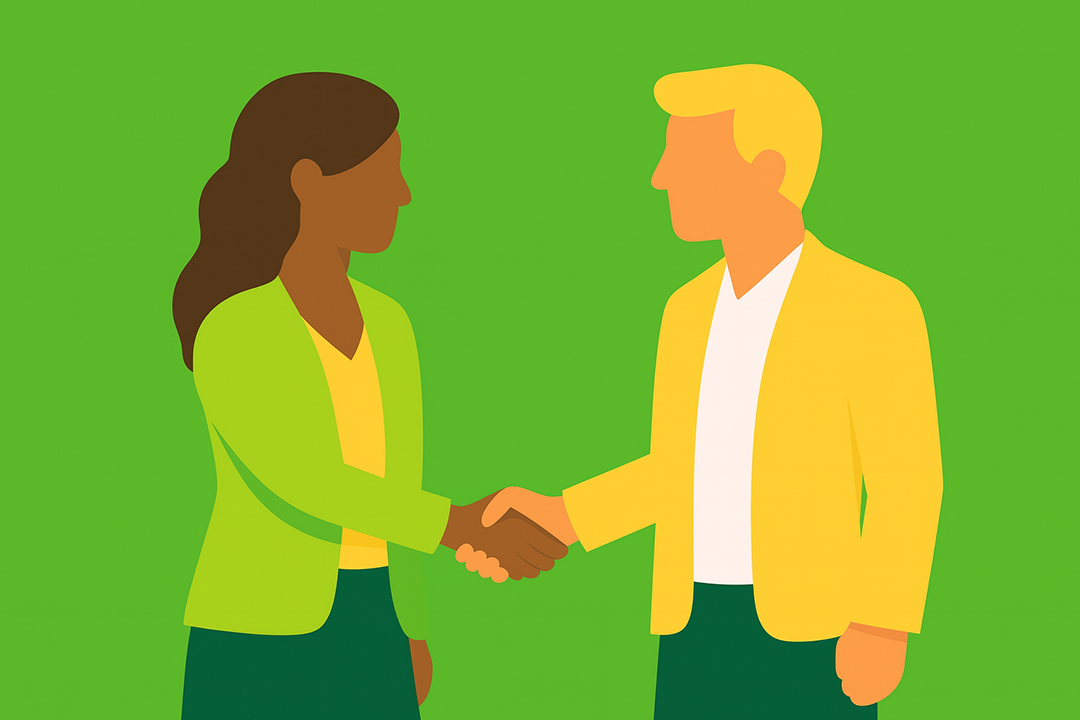 Illustrated male and female characters on green background