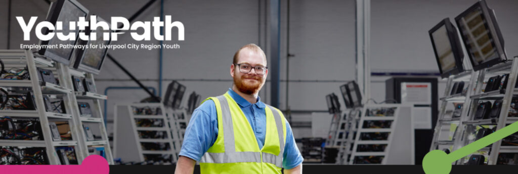 YouthPath logo in white text on image of male industry worker wearing a hi-vis vest.