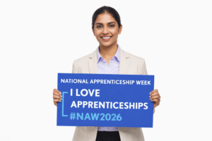 GEARING UP FOR NATIONAL APPRENTICESHIP WEEK 2026: 9-15 FEBRUARY Picture of female holding national apprenticeship week sign