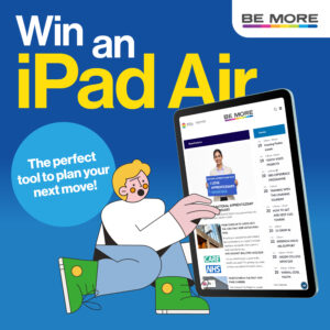 Image of male cartoon figure holding an Apple iPad