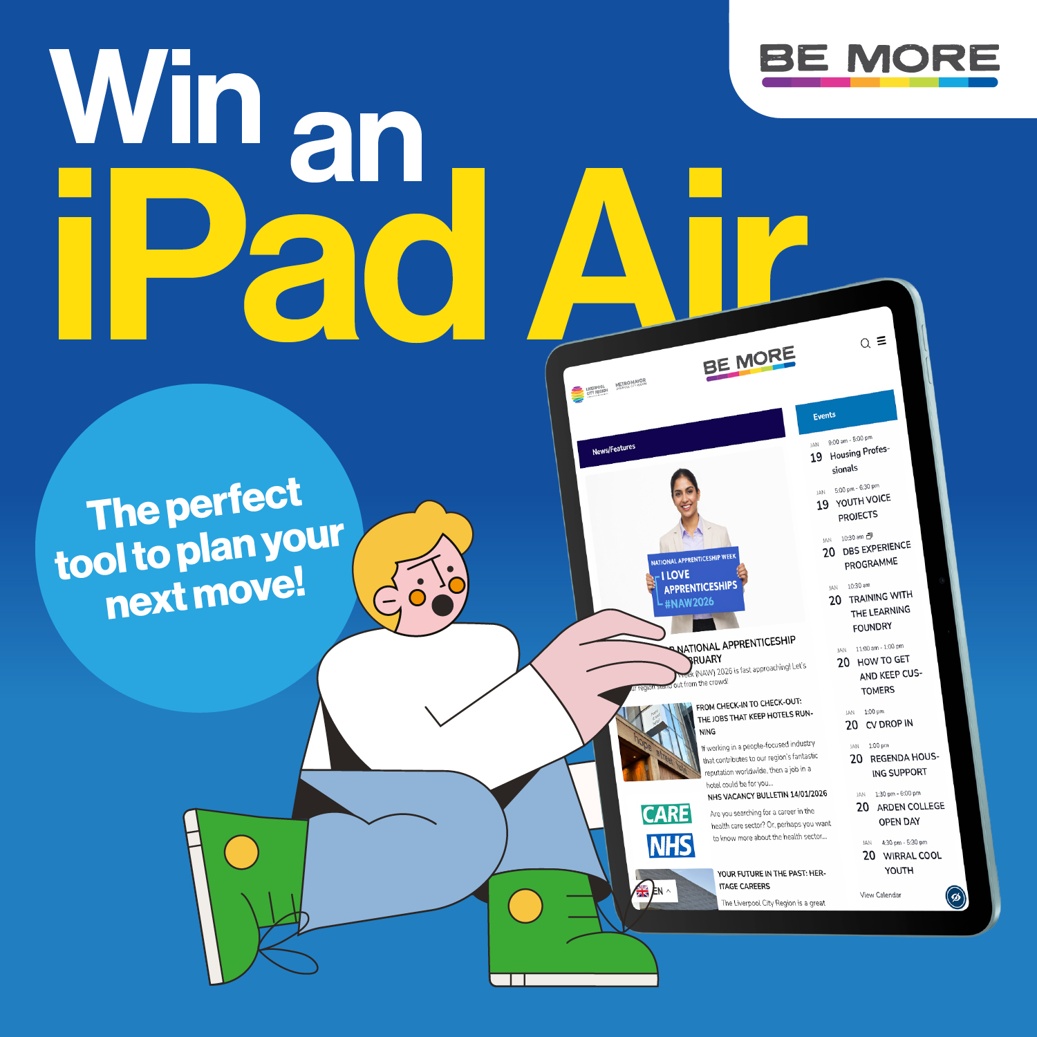 Image of male cartoon figure holding an Apple iPad