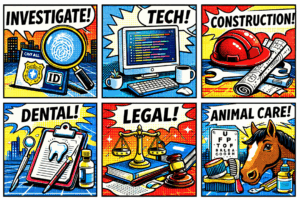 Pop art style storyboard of various apprenticeship roles