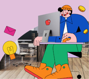 Illustration of character working within busy office setting