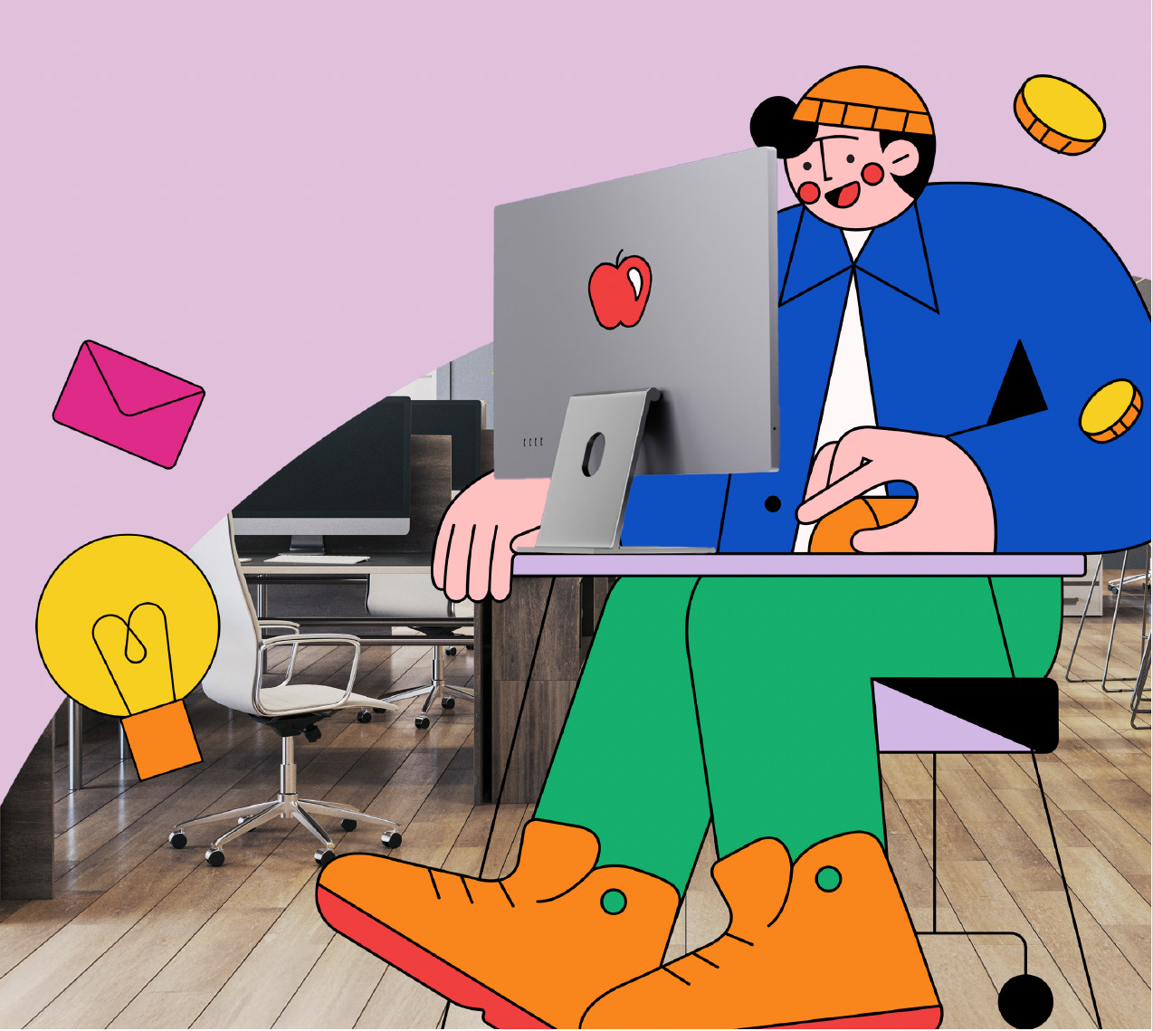 Illustration of character working within busy office setting