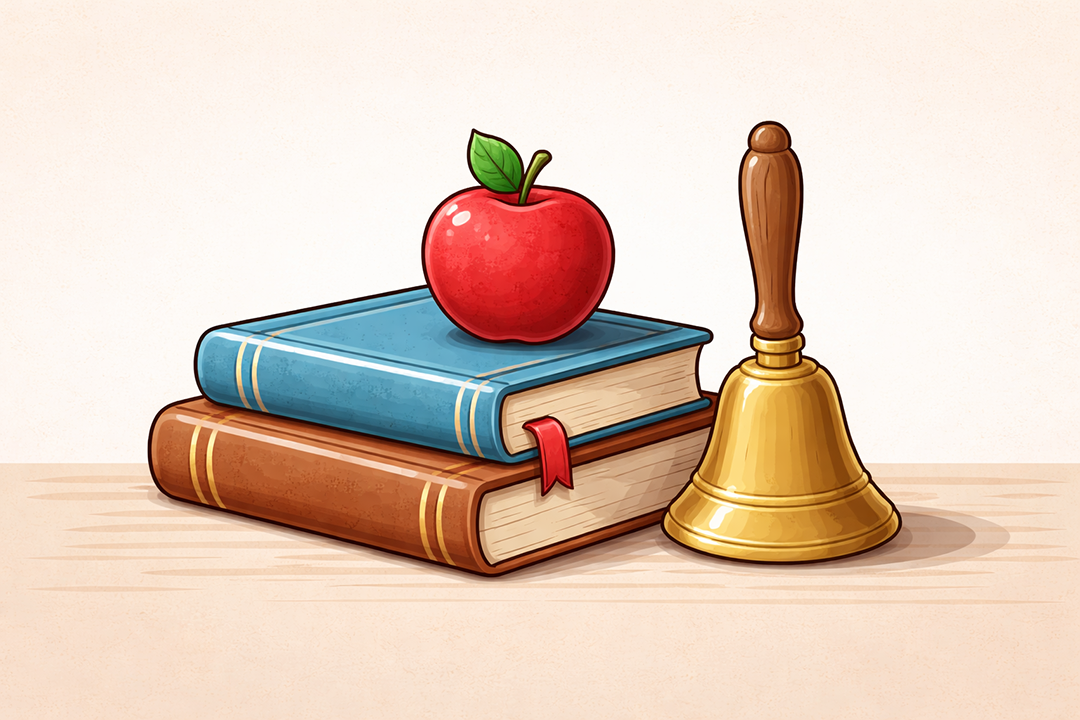 Illustration of books, a bell and an apple