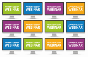 GETTING CLUED UP ON APPRENTICESHIPS: EMPLOYER WEBINAR DATES IN JUNE Multiple screens in primary colours displaying apprenticeship webinar text