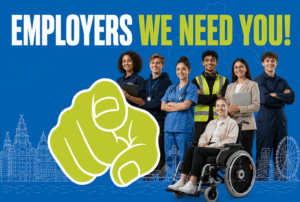EMPLOYERS IN THE REGION: WE NEED YOU! Image of young people and a graphic of a green hand pointing its finger