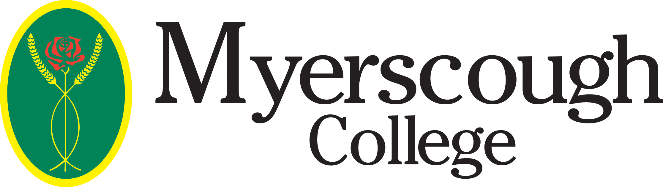 white background, green logo with a yellow and red rose and black text saying Myerscough College