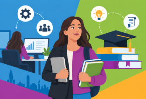 Illustration of female student with books and icons for study areas