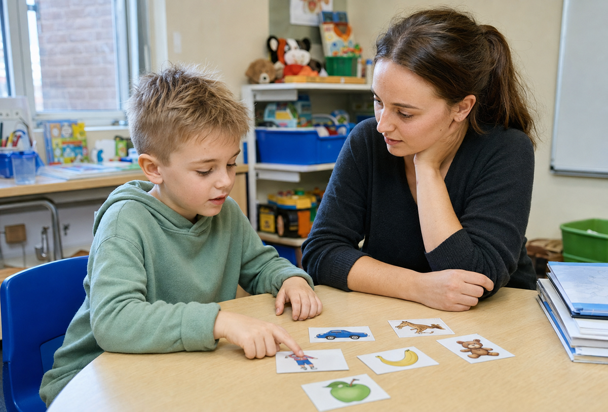 Female speech therapist working with young child